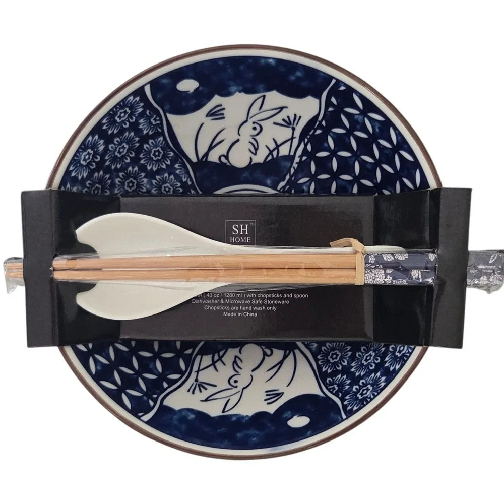 SH Home Ceramic Ramen Noodle Bowl Set with Chopsticks & Spoon Blue White Rabbits